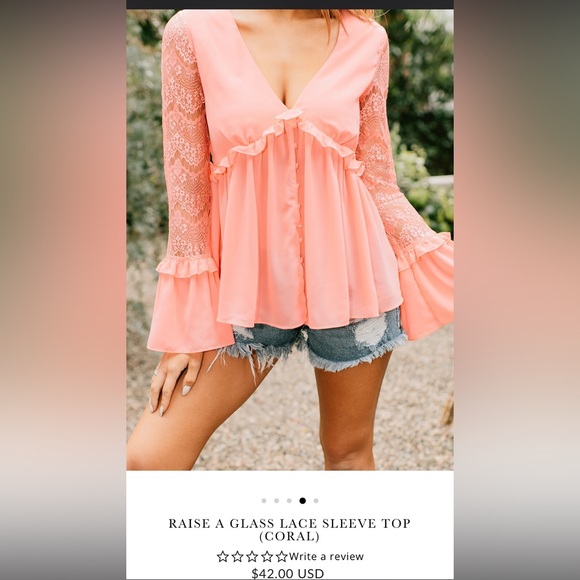 Coral Lace Bell Sleeve Blouse - Picture 2 of 5